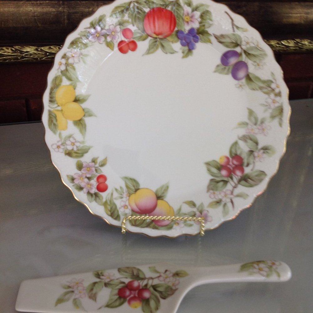 Vintage Fruit & Flower Design Cake Plate & Server Set by Andrea